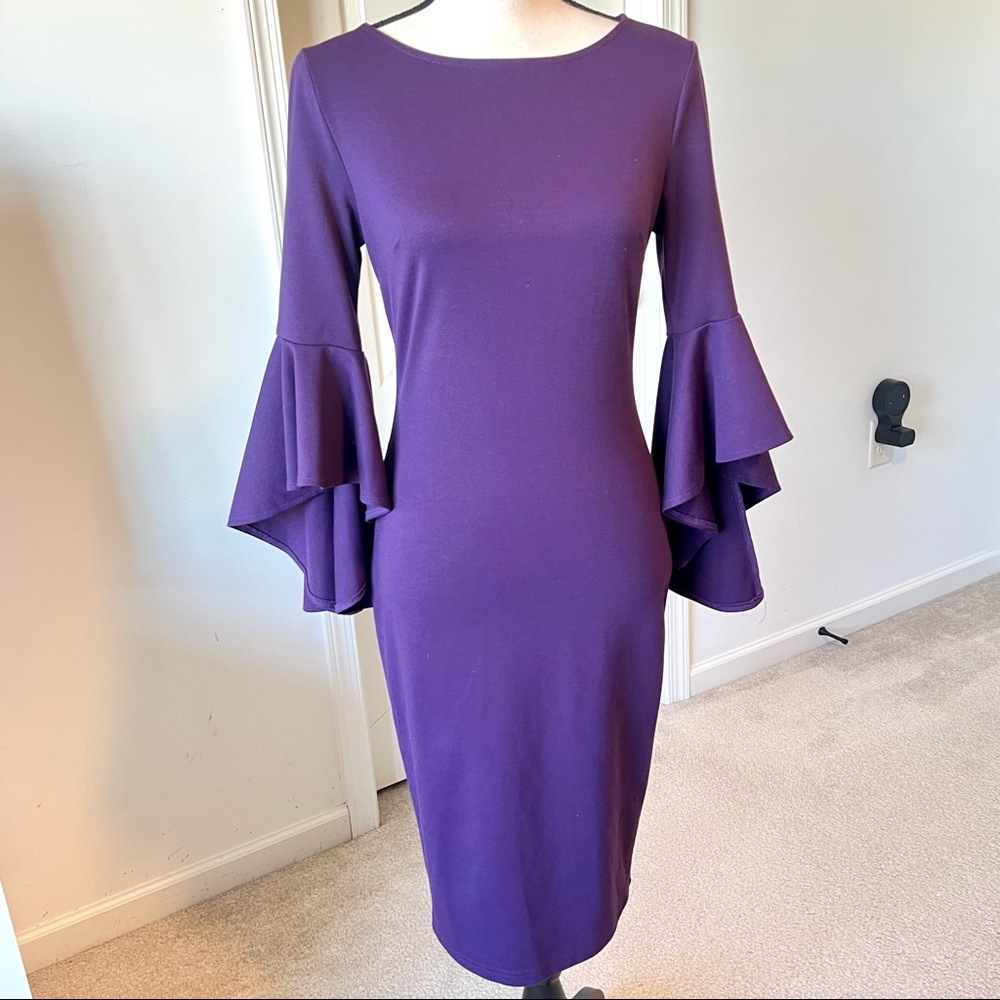 VF SHOW Trumpet Bell Sleeve Body Con Midi Sheath Dress—SZ. Small